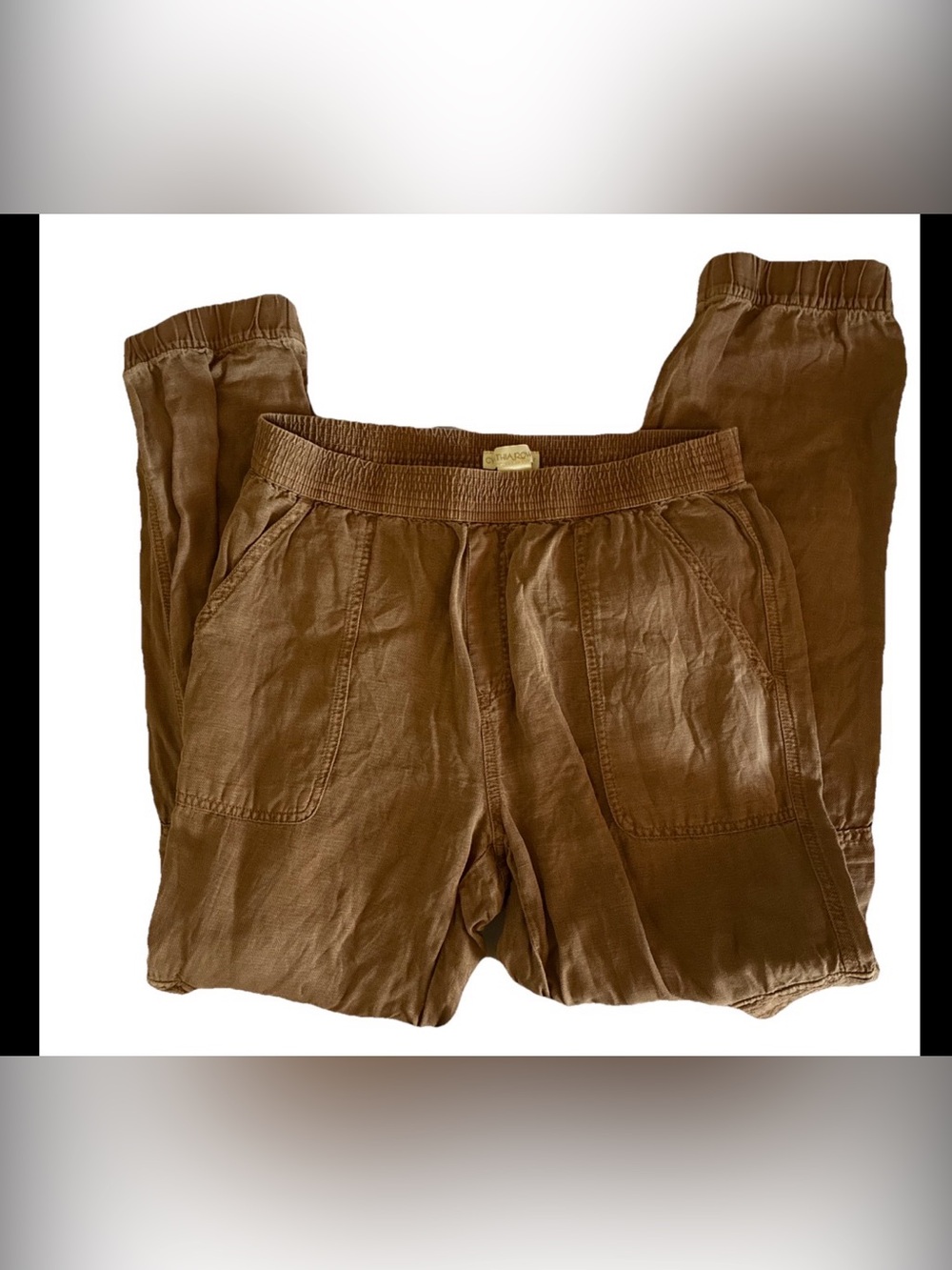 Cynthia Rowley Women Cargo Pants Medium Brown Linen Lyocell Elastic Waist 28"